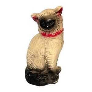 Vintage Chalkware Siamese Cat Figure Black Grey Writing on Bottom
